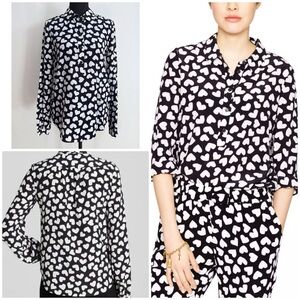 EUC kate spade Silk Viscose Black and White Heart Print Button-Down Shirt Blouse
